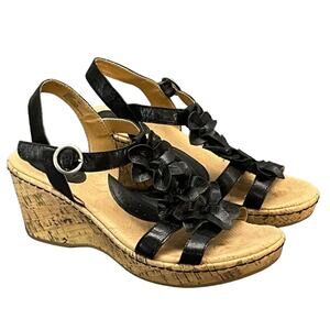 Bjorndal Liora Black Leather Strappy Flower Cork Wedge Comfort Sandal Women 9